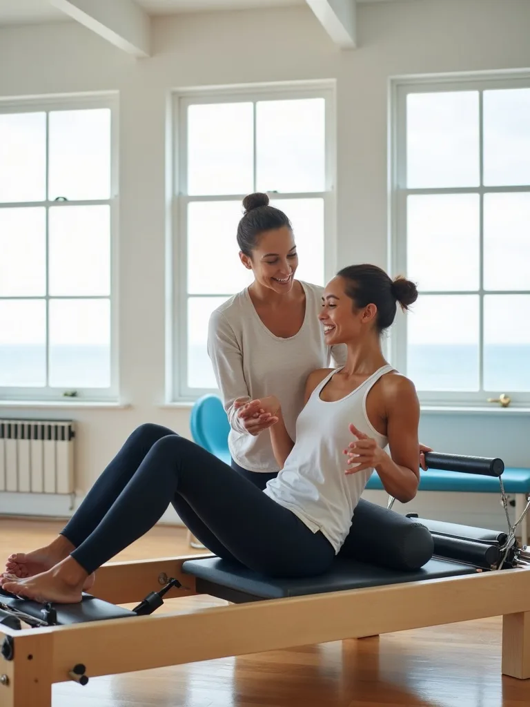 A Blue Sky Pilates instructor giving warm one-on-one guidance to a client on a reformer with an ocean view