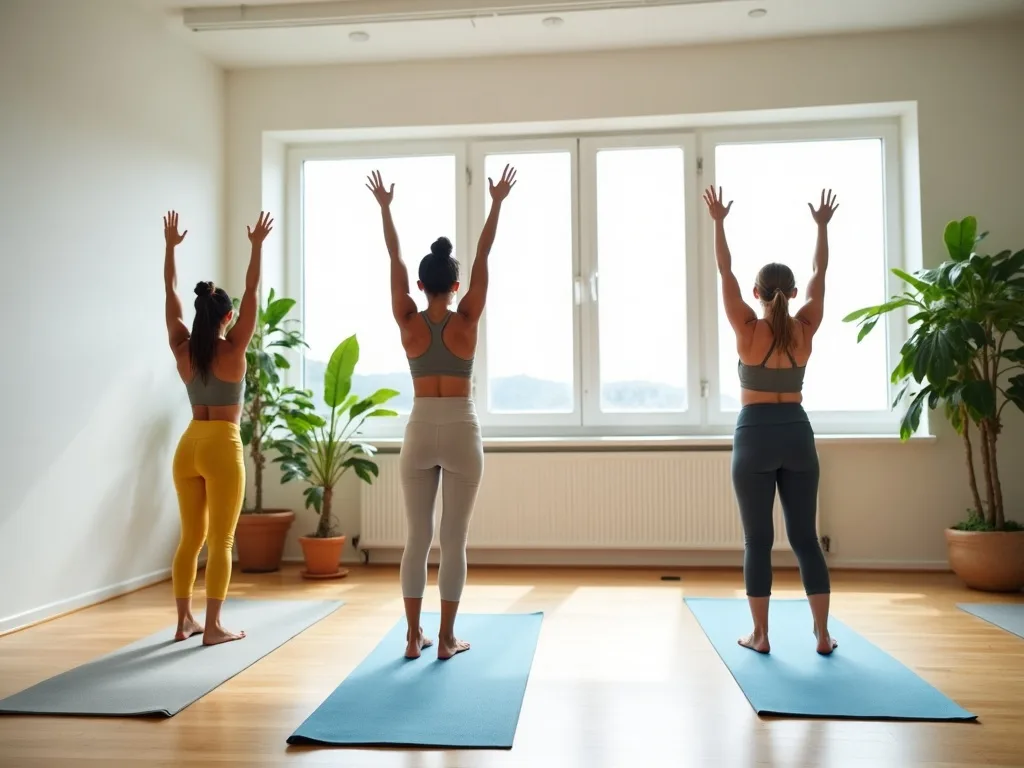 A bright, welcoming yoga class with a few people in a gentle standing pose by the windows